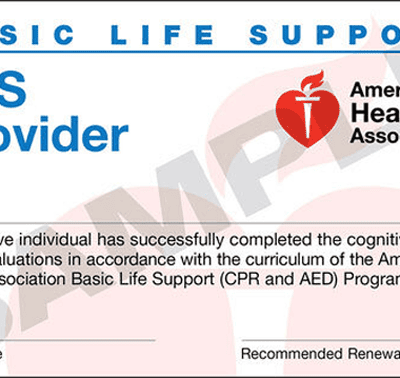 Sample AHA BLS CPR certification card for Denver students