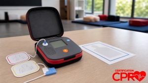 AED trainer and electrode pads for practicing voice prompts in a CPR classroom in Denver.