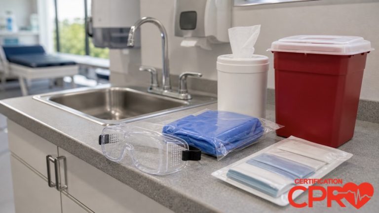 Bloodborne pathogens exposure control supplies for healthcare worker training in Denver.