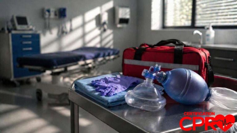 CPR training equipment in a medical classroom setting in Denver.
