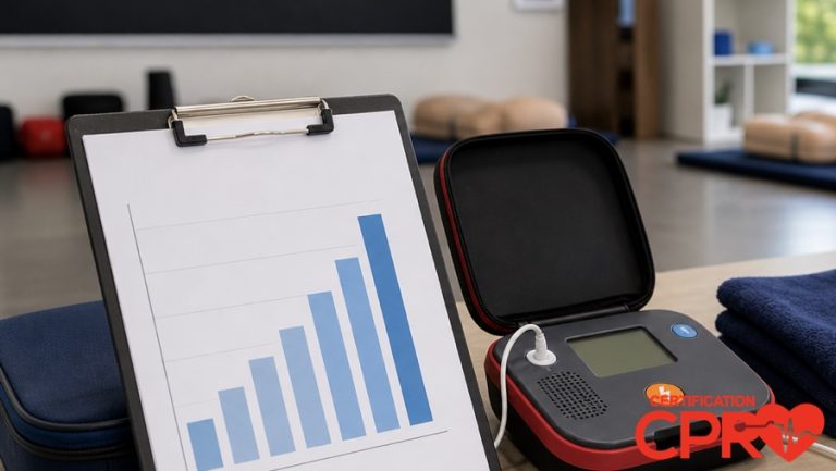 CPR statistics chart with AED trainer in a CPR classroom in Denver.