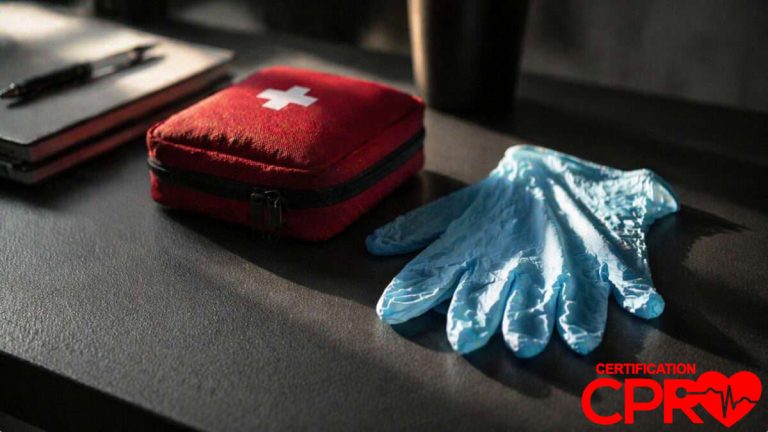 First aid kit and gloves for CPR certification and training in Denver.
