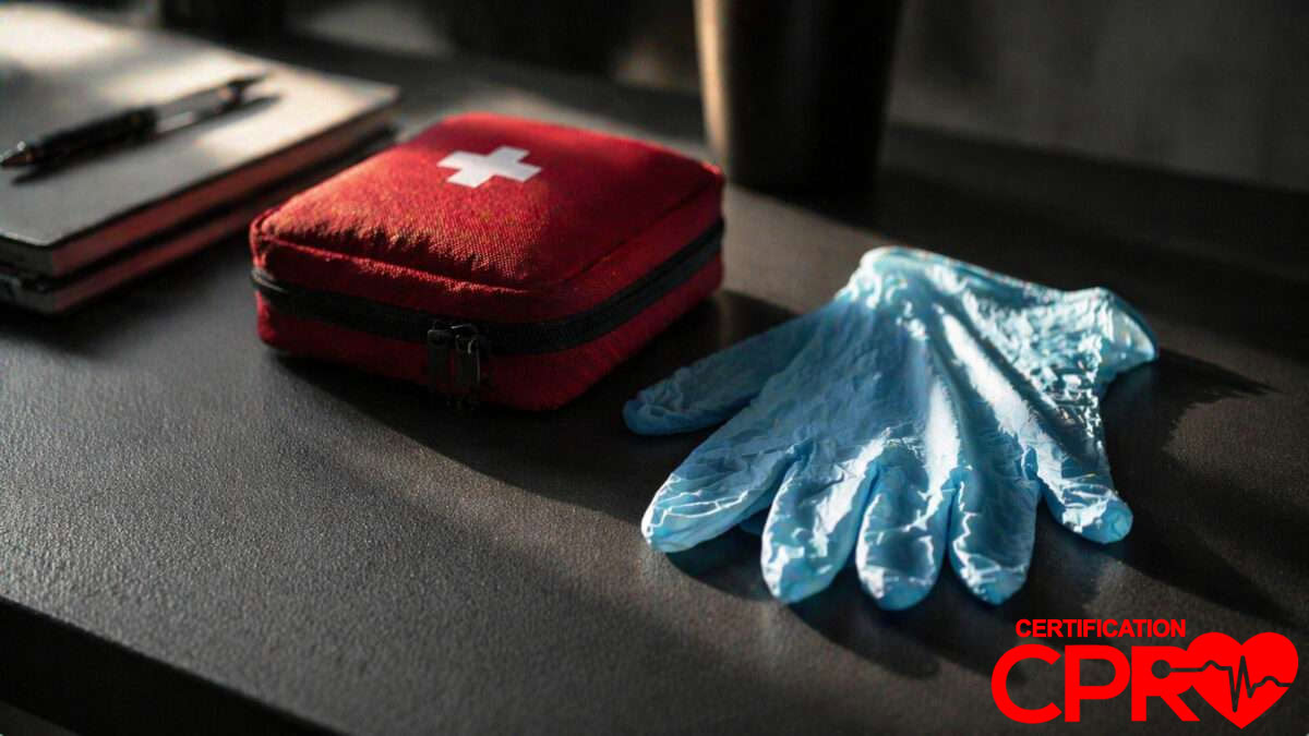 First aid kit and gloves for CPR certification and training in Denver.