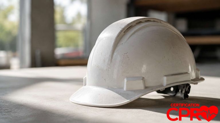 Safety helmet used in Denver first aid training for head injury awareness.