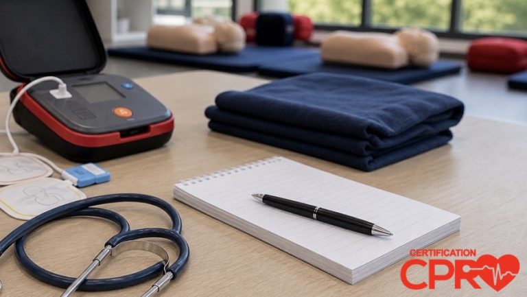 AED trainer, stethoscope, and CPR classroom supplies for an article on heart attack versus cardiac arrest in Denver.