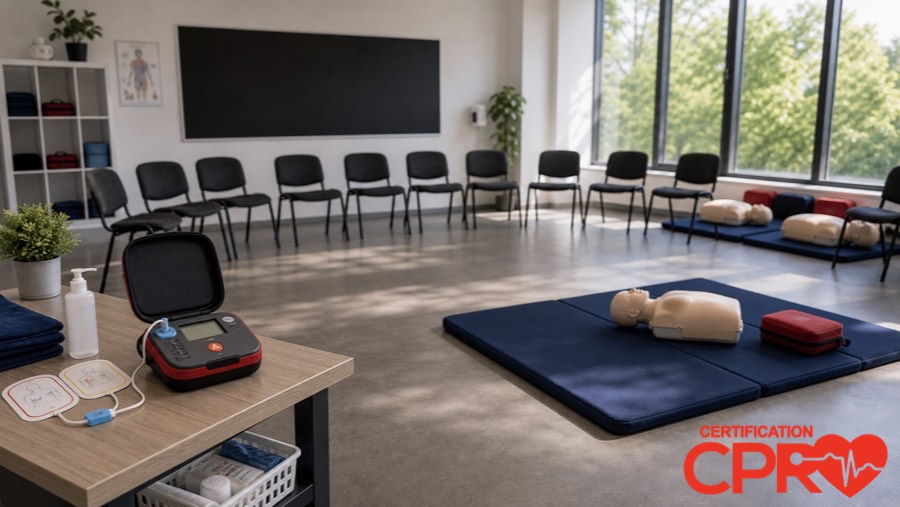 CPR classroom setup for practicing emergency response skills in Denver.