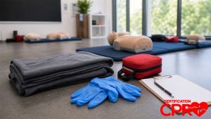 First aid training supplies for practicing seizure response in a CPR classroom in Denver.