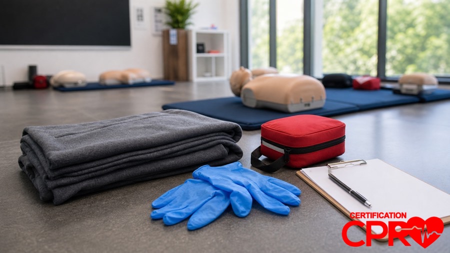 First aid training supplies for practicing seizure response in a CPR classroom in Denver.