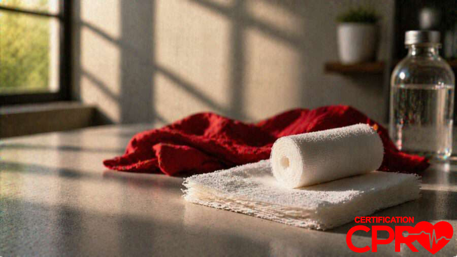 CPR certification training supplies in Denver, including a roll of gauze and first aid essentials.