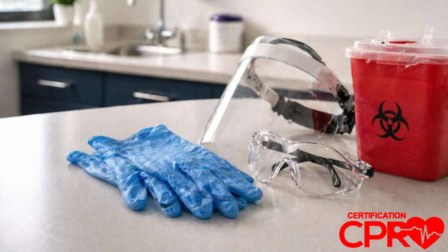 CPR training supplies including gloves, goggles, and biohazard container in Denver.